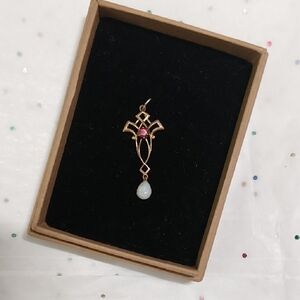 Antique Gold Top and Garnet, Milk Glass Drop Pendant, No Chain